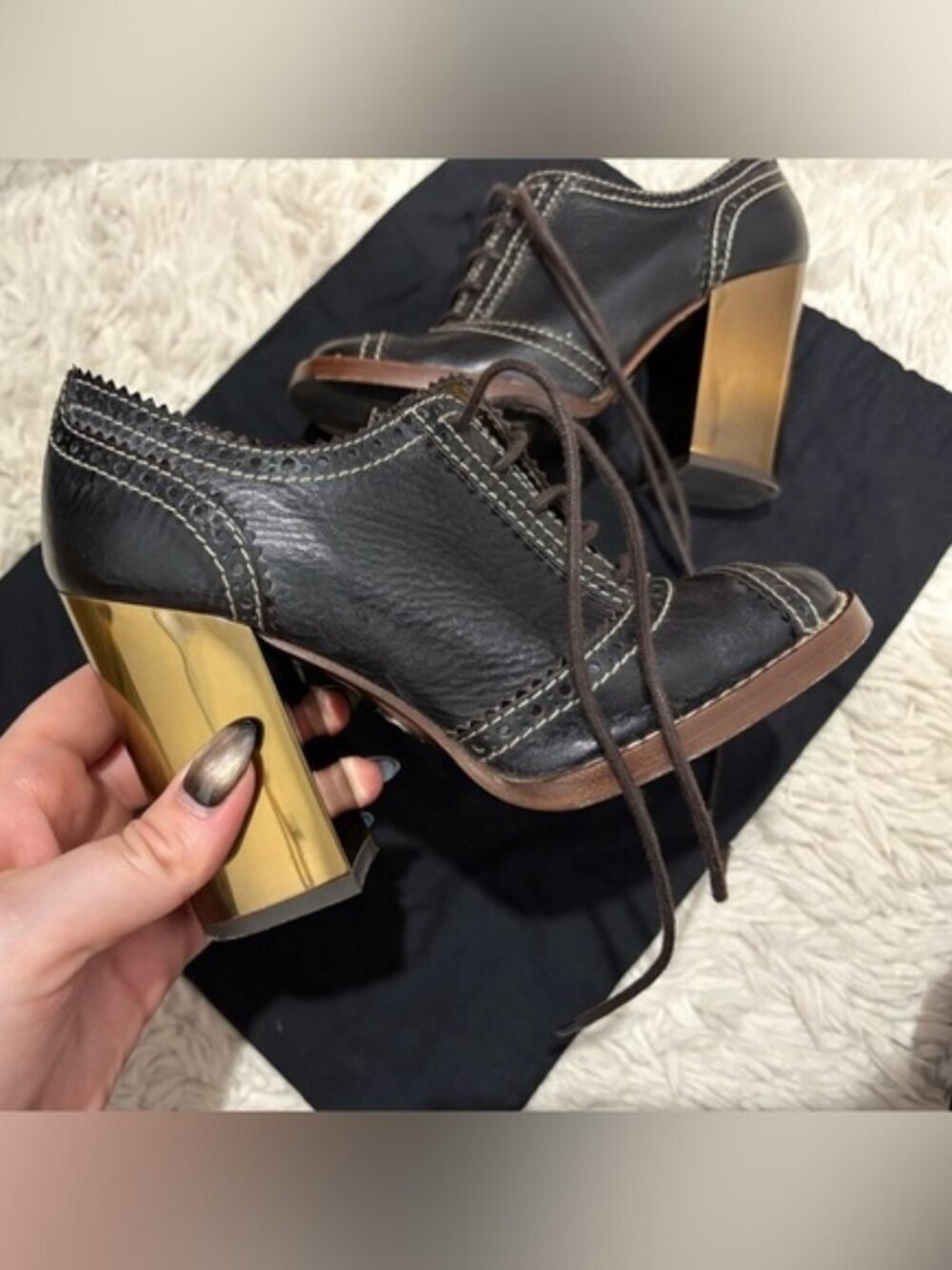 Dolce&Gabbana Brown Patent Leather Lace Up Loafer Pumps Chunky Retro Gold Heels